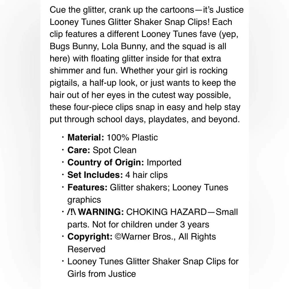 🔴‎ 3/$12 Looney Tunes Snap Hair Clips Set!